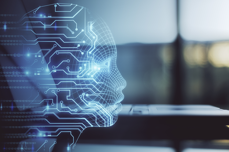 A stylised digital head formed of circuit lines to symbolise machine learning and AI